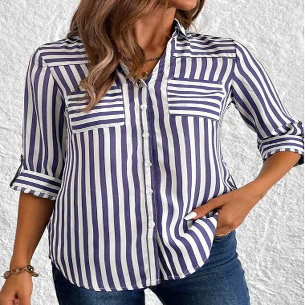 modlily navy button striped sleeve shirt m
