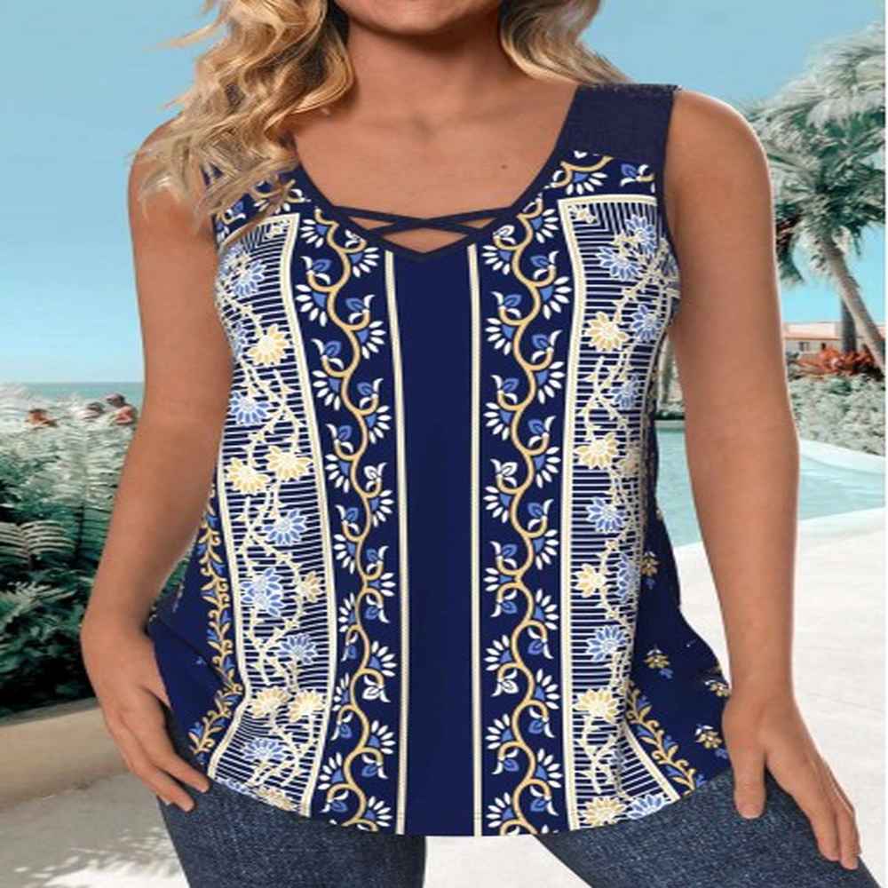 modlily navy criss cross tribal print sleeveless tank top