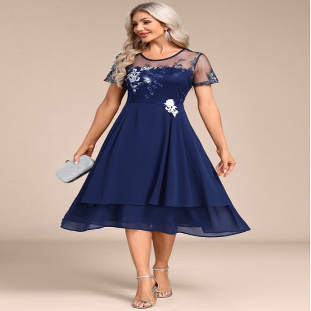 modlily navy embroidery short sleeve round neck dress l