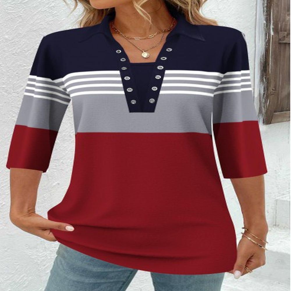 modlily navy eyelet striped sleeve shirt collar blouse