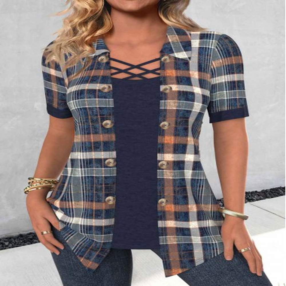 modlily navy fake in plaid short sleeve shirt xxl