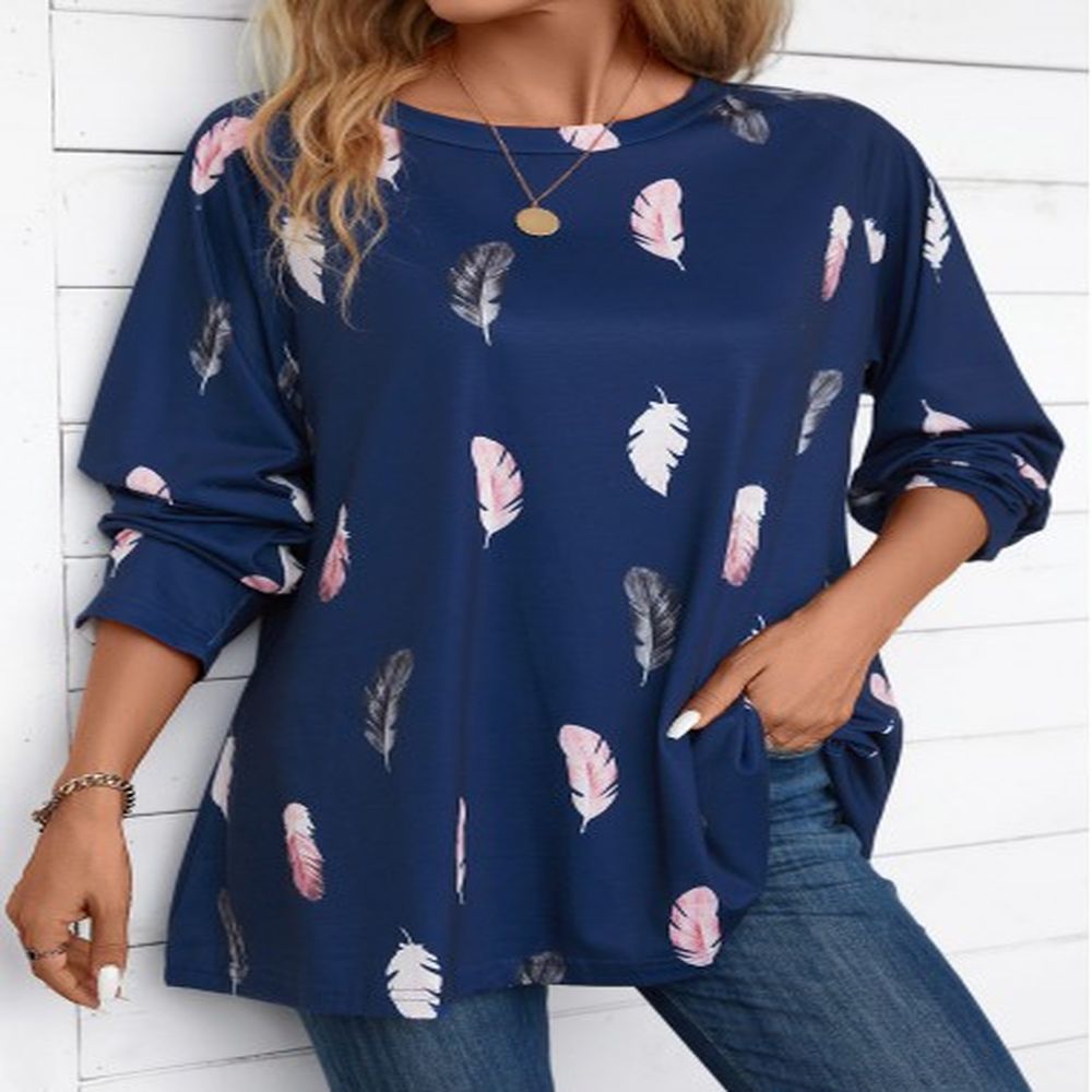 modlily navy feathers print extra long sleeve round neck blouse