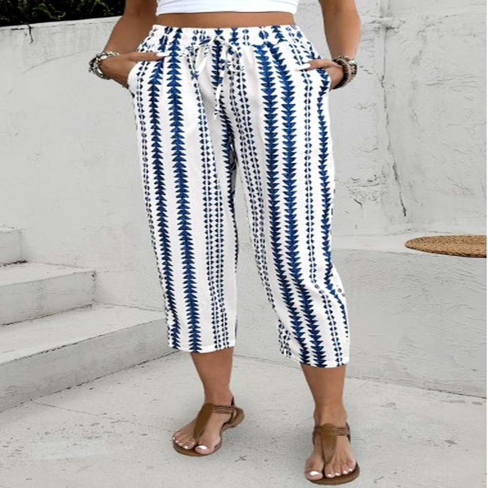 modlily navy geometric print elastic waist high waisted pants