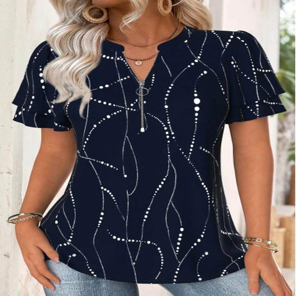 modlily navy geometric print short sleeve split neck blouse