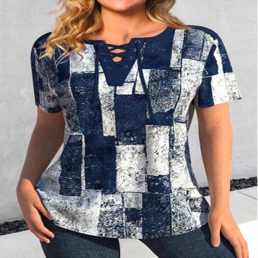 modlily navy lace up plus size geometric print blouse