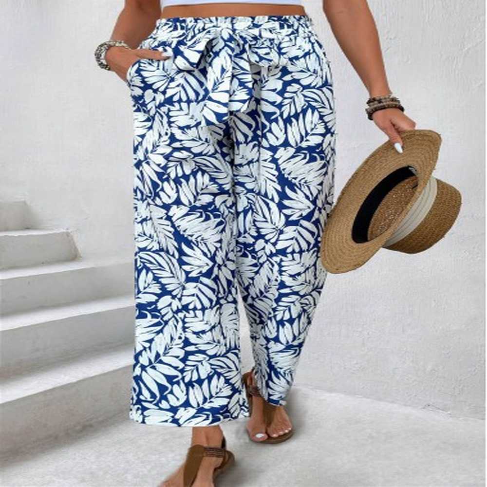 modlily navy leaf print straight leg elastic waist pants