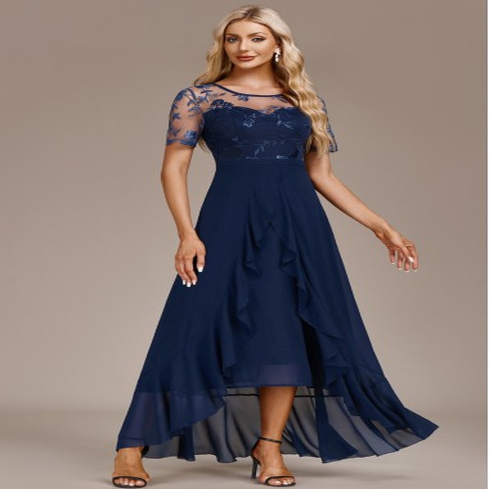 modlily navy mesh high low short sleeve round neck dress