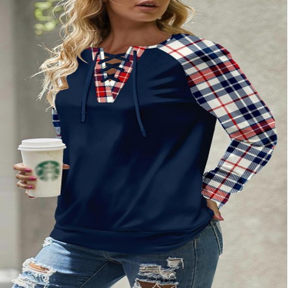 modlily navy patchwork plaid long sleeve round neck sweatshirt
