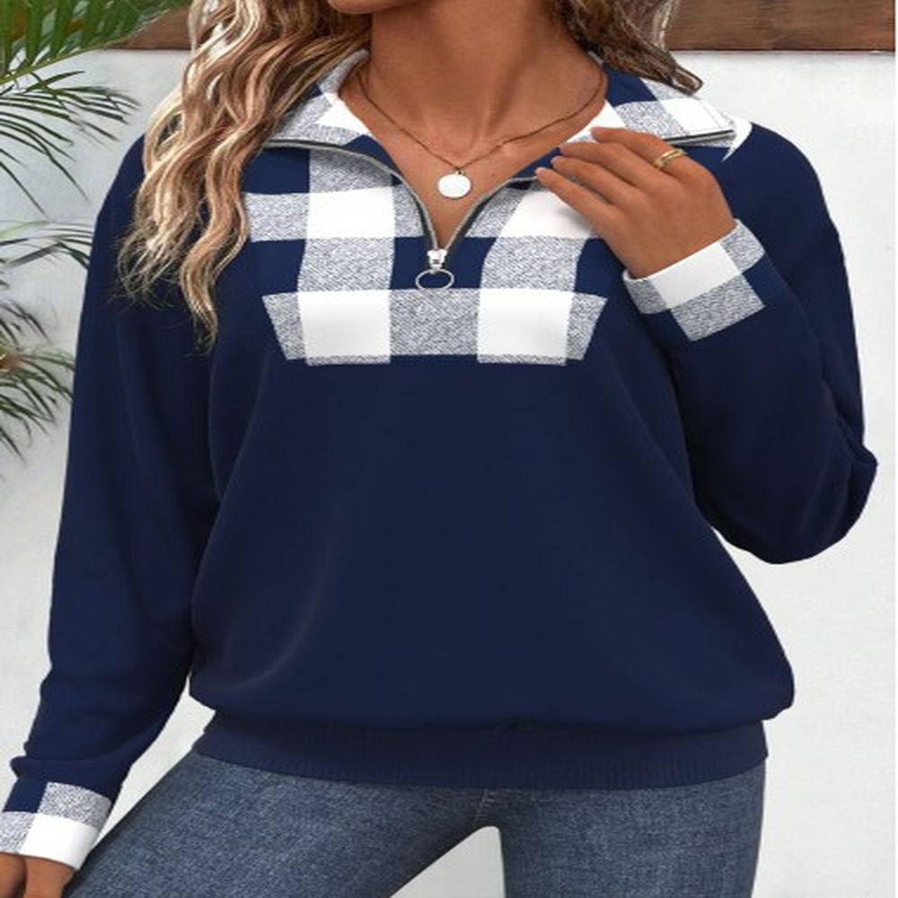 modlily navy patchwork plaid long sleeve turn down collar sweatshirt