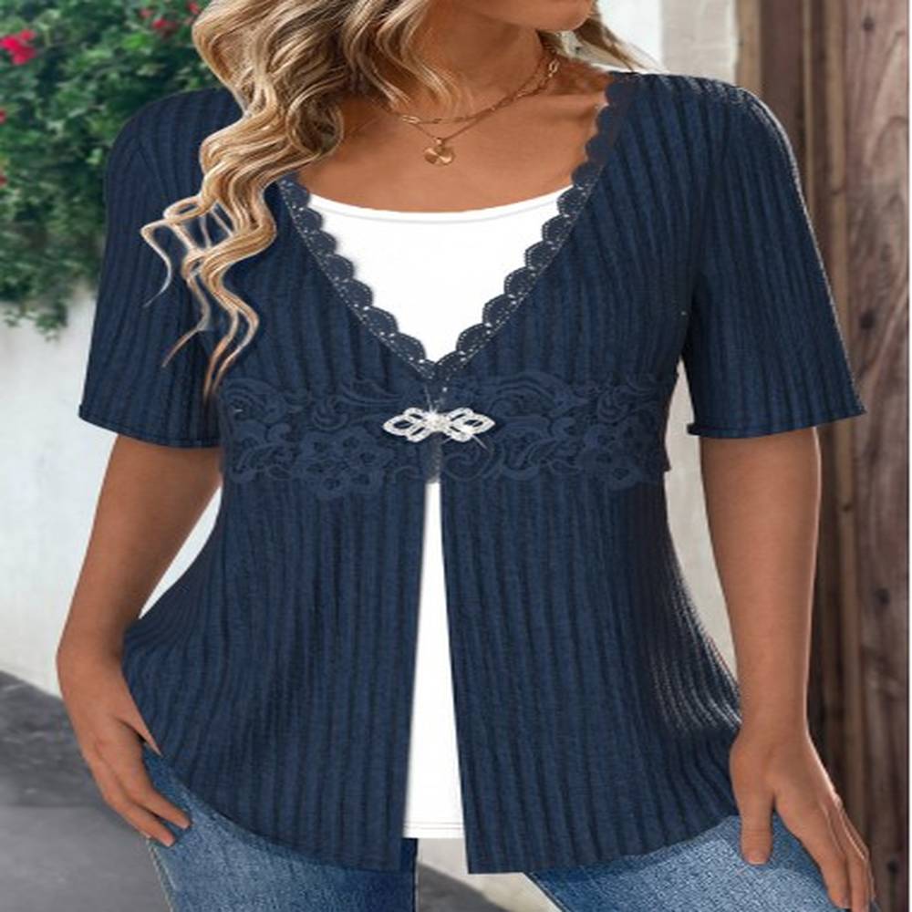 modlily navy patchwork short sleeve fake two piece twinset