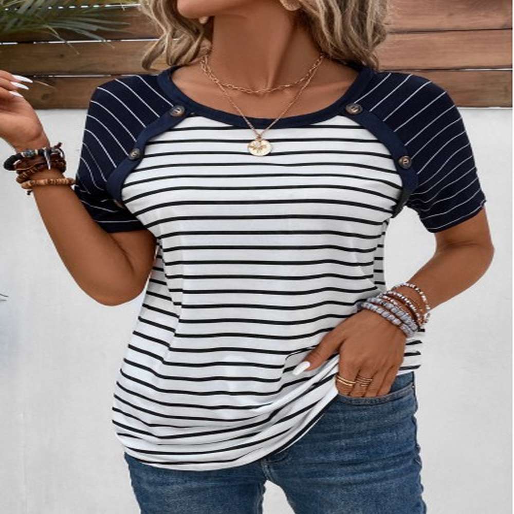 modlily navy patchwork striped short sleeve t shirt xl