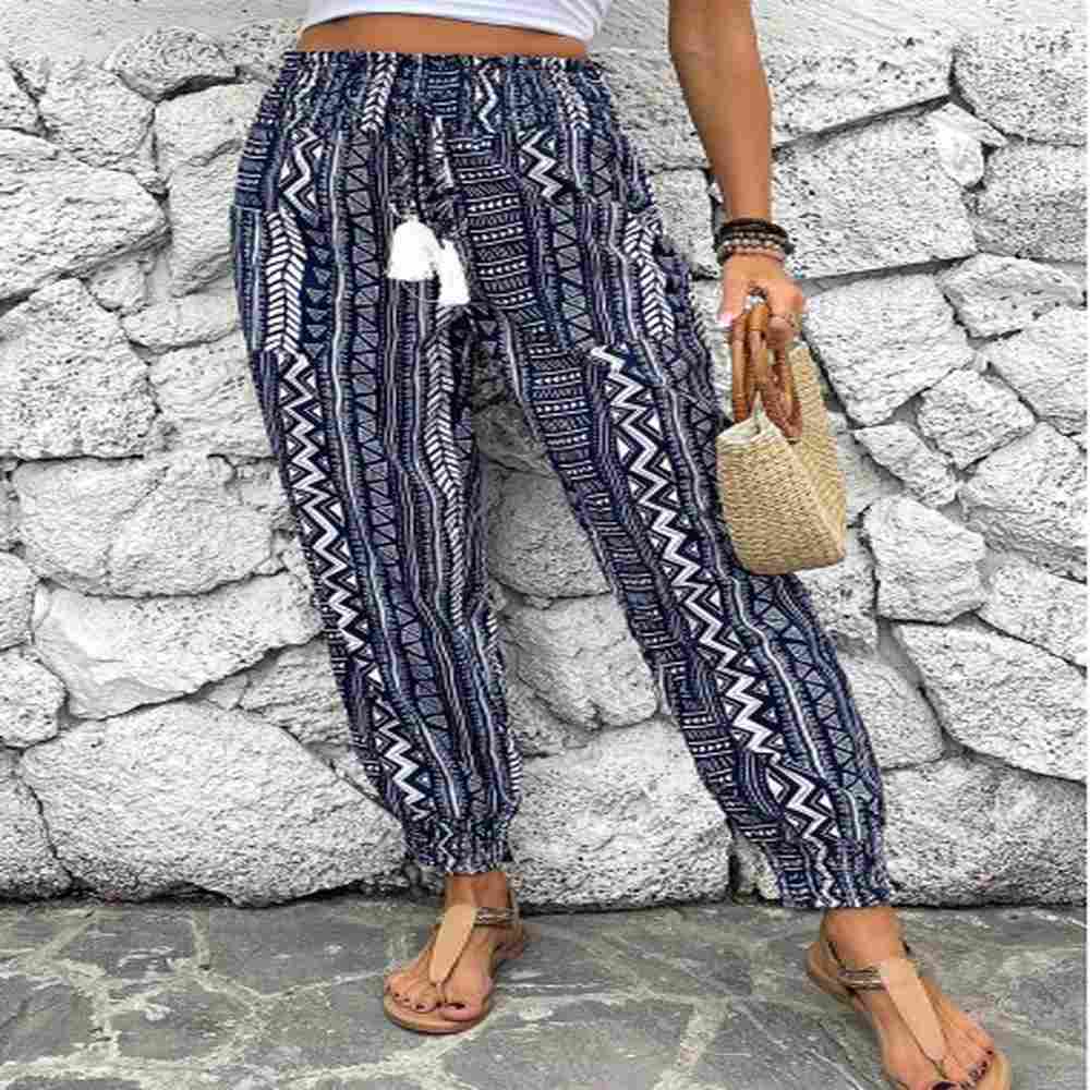 modlily navy smocked geometric print jogger elastic waist pants
