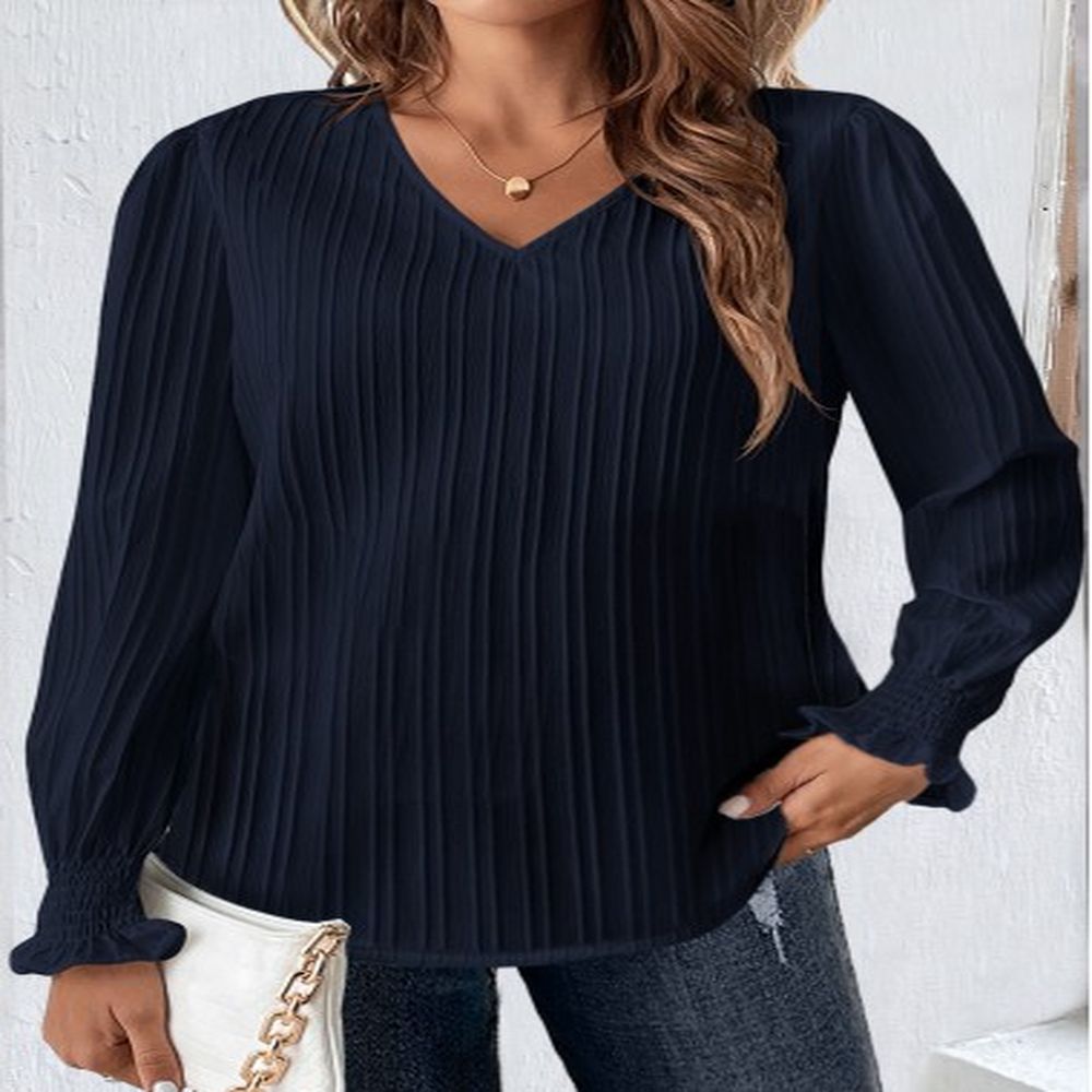 modlily navy smocked long sleeve v neck blouse xxl
