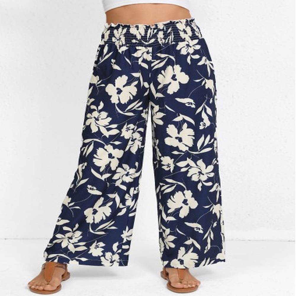 modlily navy smocked plants print wide leg elastic waist pants