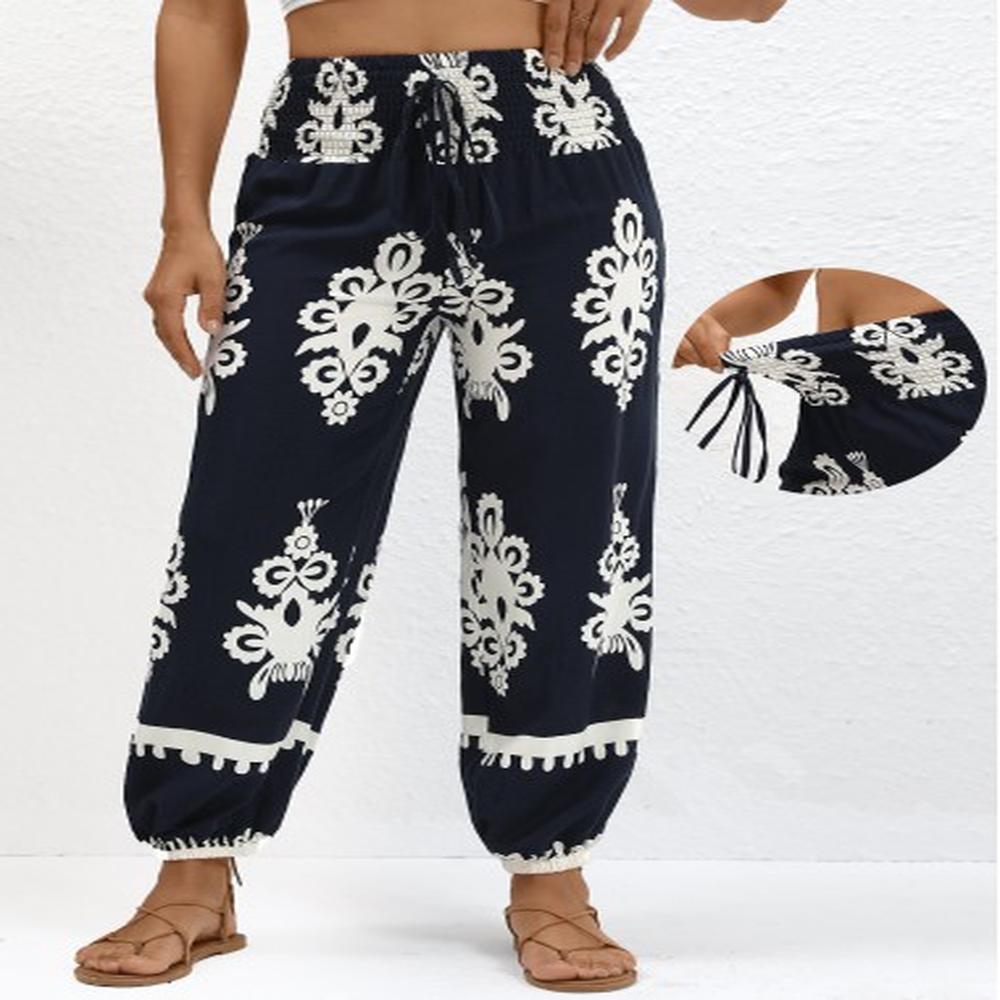 modlily navy smocked tribal print jogger elastic waist pants