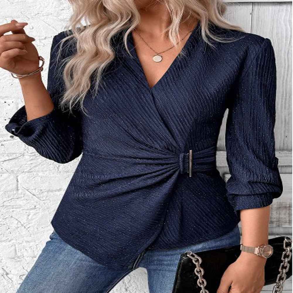 modlily navy surplice long sleeve v neck shirt l