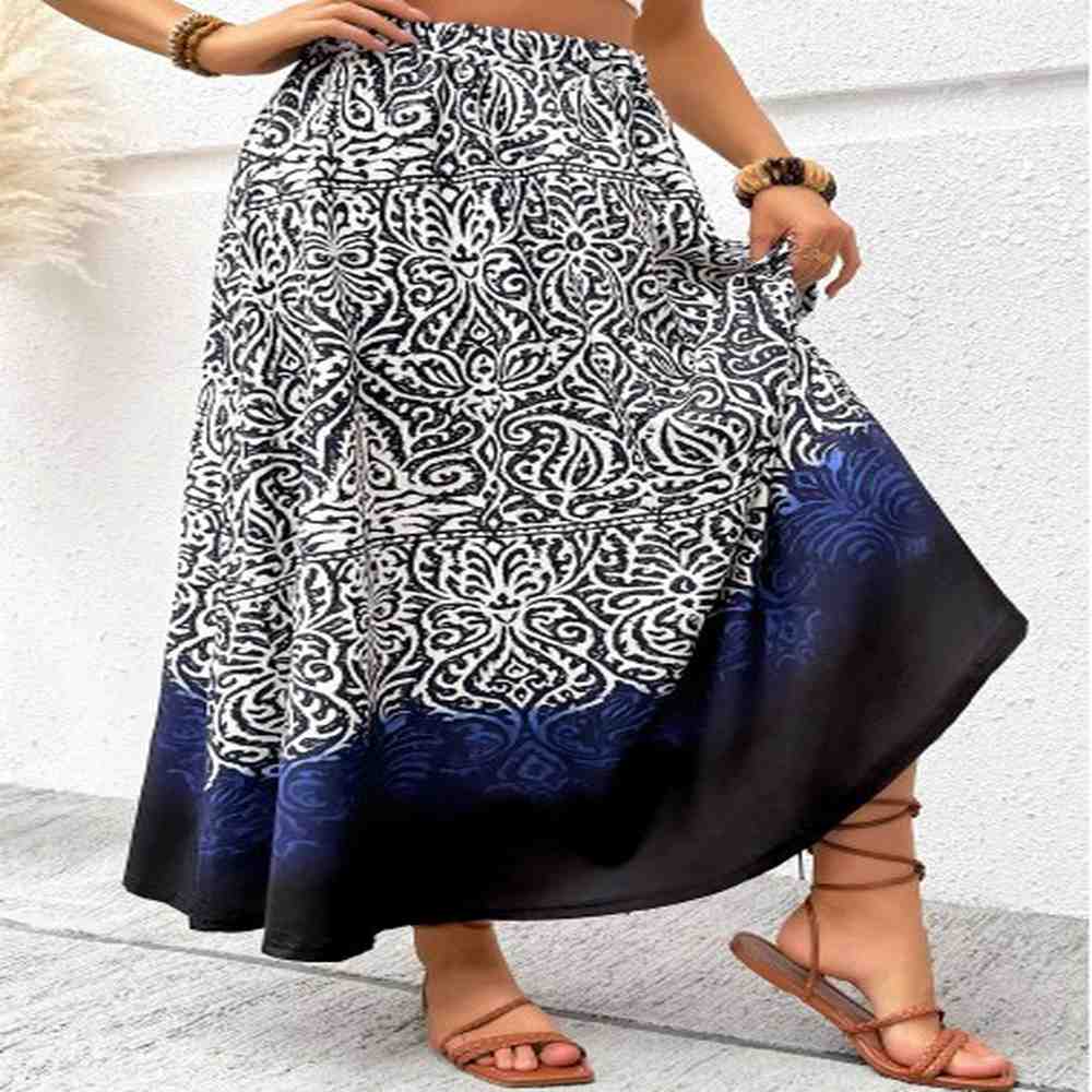 modlily navy tribal print a line elastic waist maxi skirt