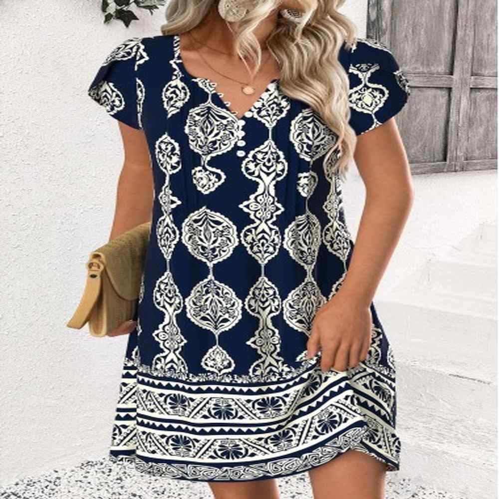 modlily navy tribal print short split neck dress xxl