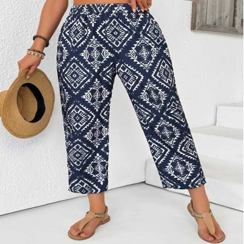 modlily navy tribal print straight leg elastic waist pants