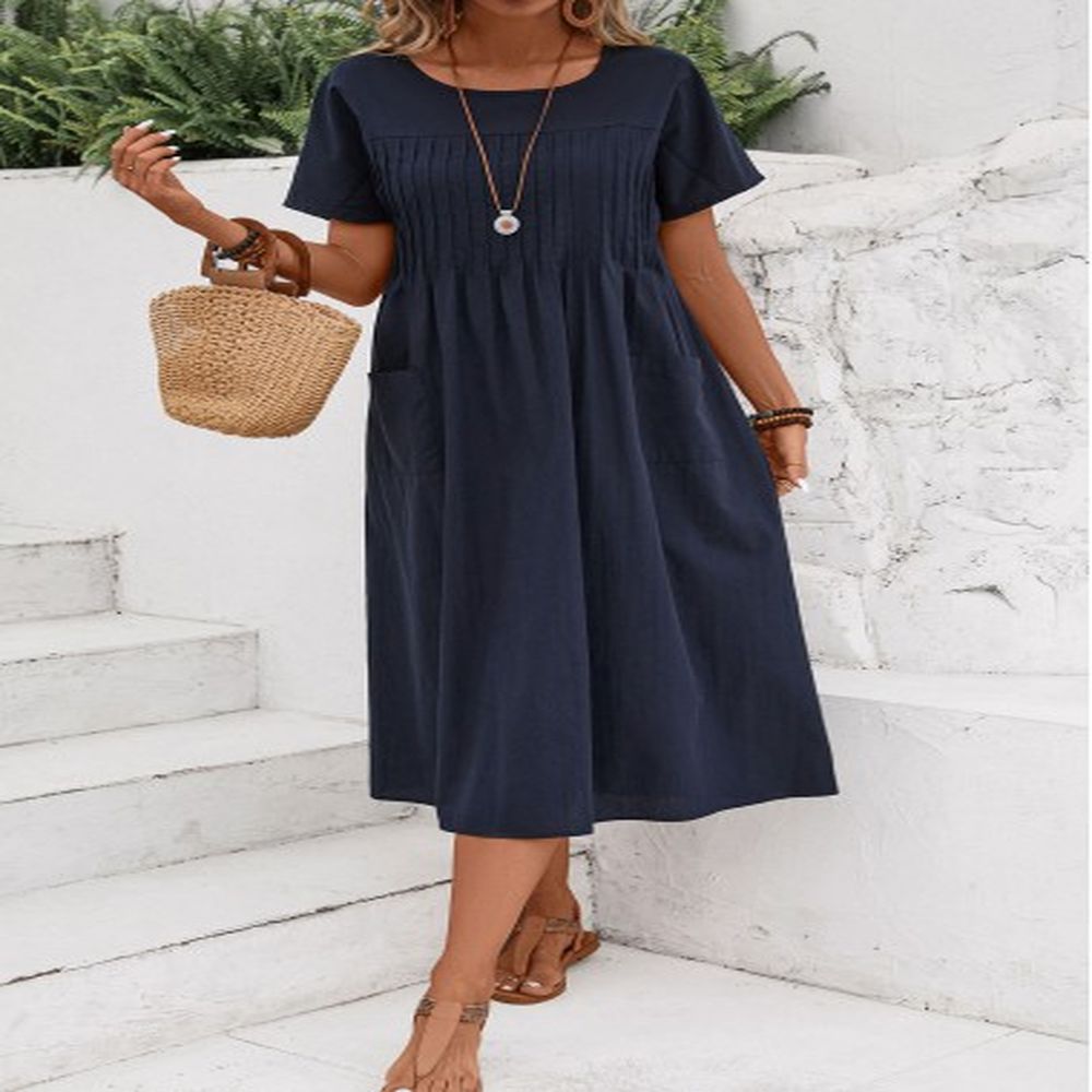 modlily navy tuck stitch short sleeve round neck dress