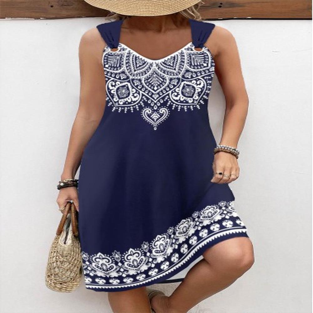 modlily navy tummy coverage tribal print sleeveless v neck dress
