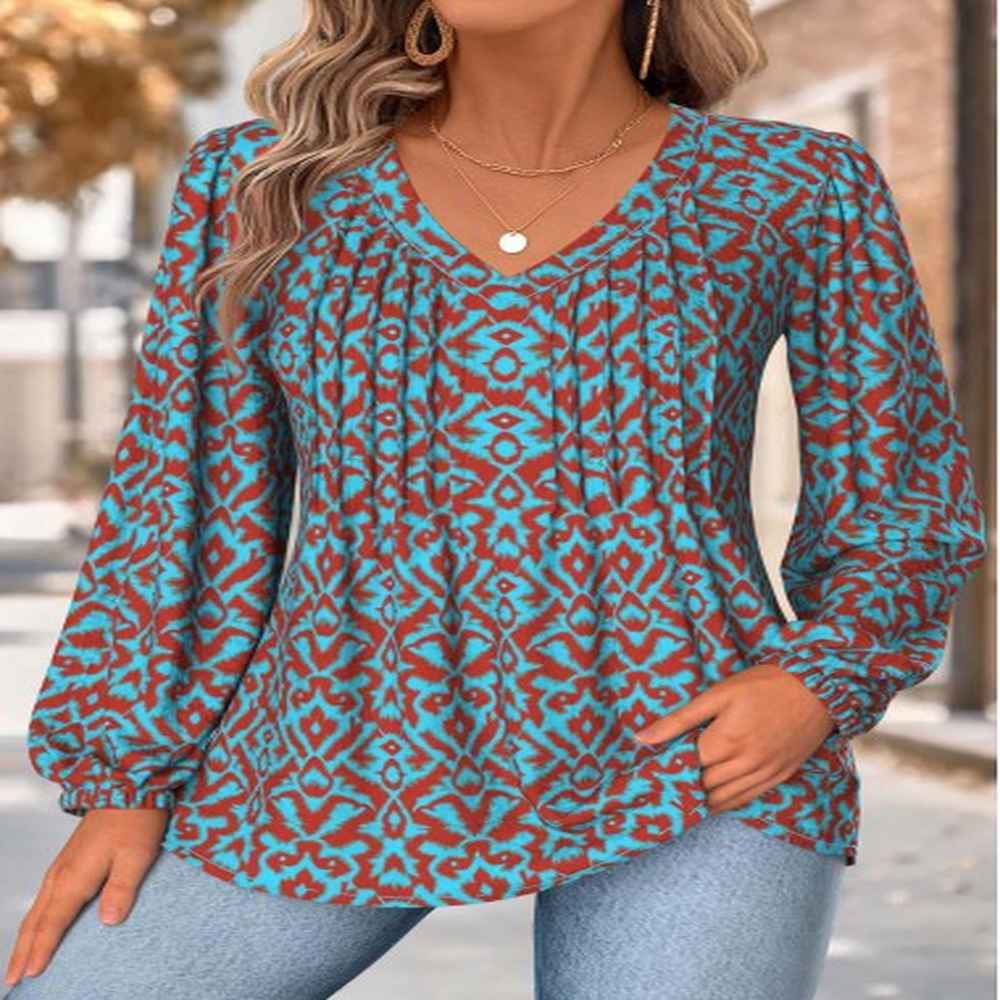 modlily neon blue tummy coverage tribal print long sleeve blouse