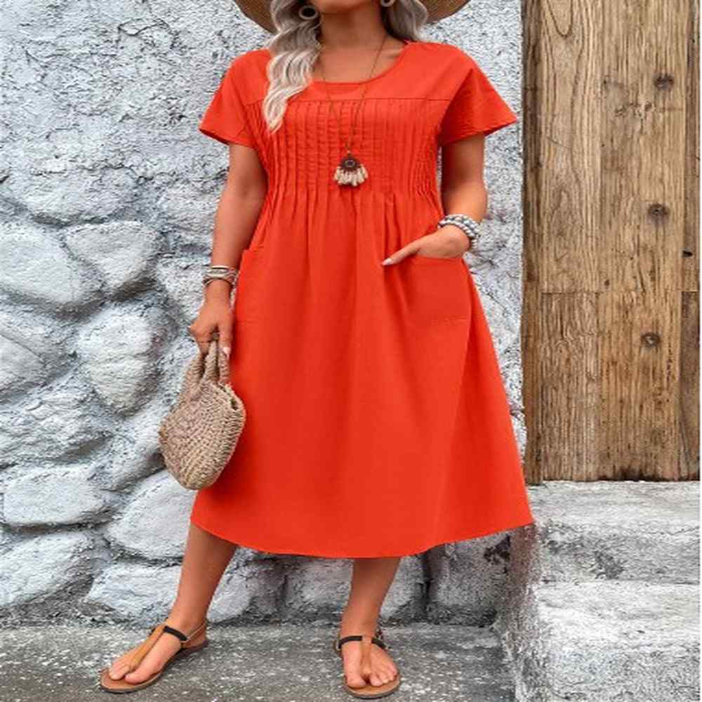 modlily neon red pleated short sleeve round neck dress