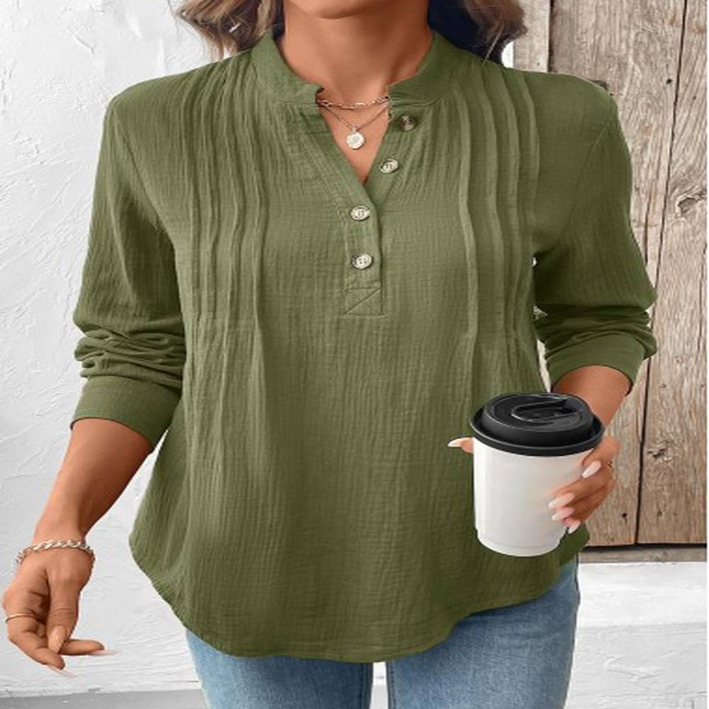 modlily olive green button long sleeve split neck blouse