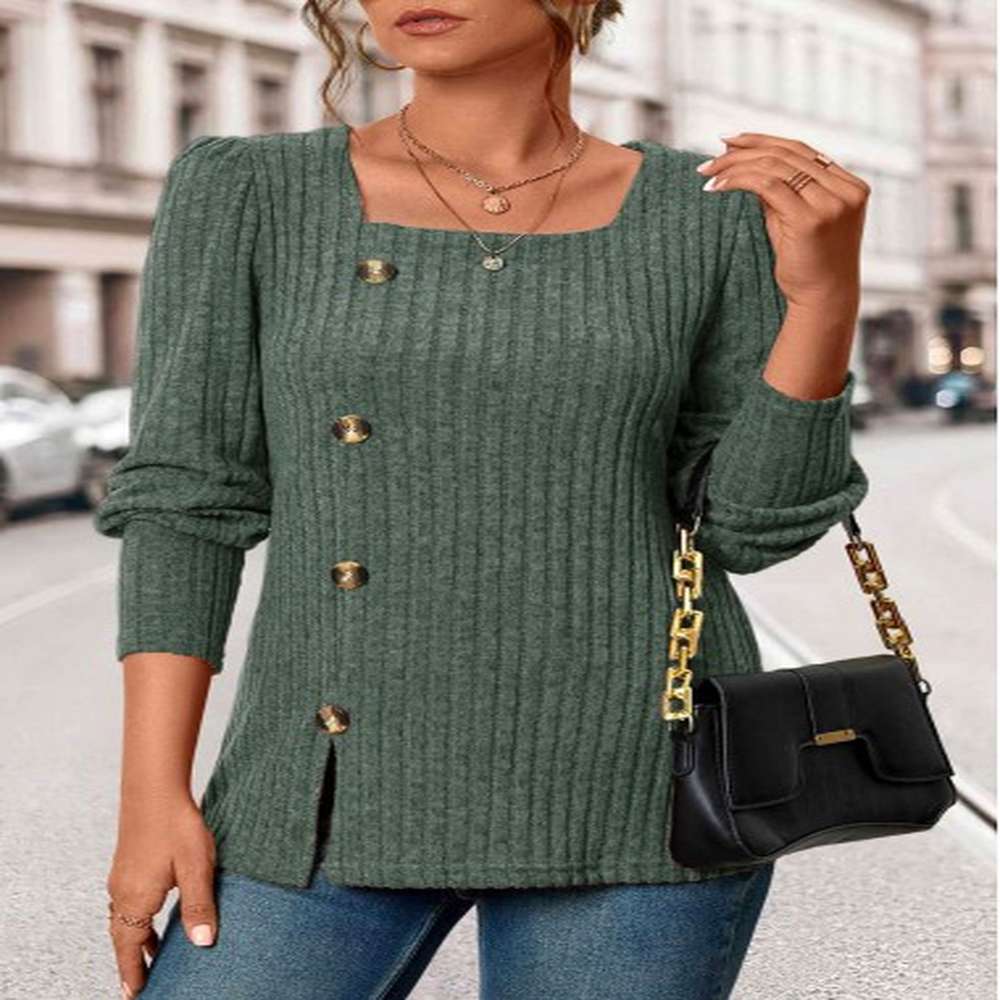 modlily olive green button long sleeve square neck t shirt