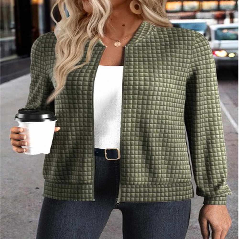modlily olive green jacquard long sleeve stand collar jacket