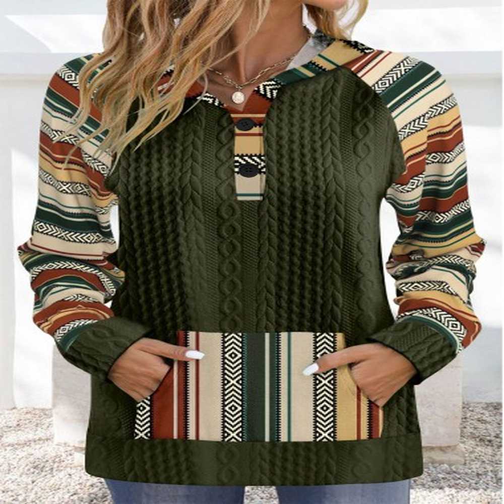 modlily olive green patchwork tribal print long sleeve hoodie