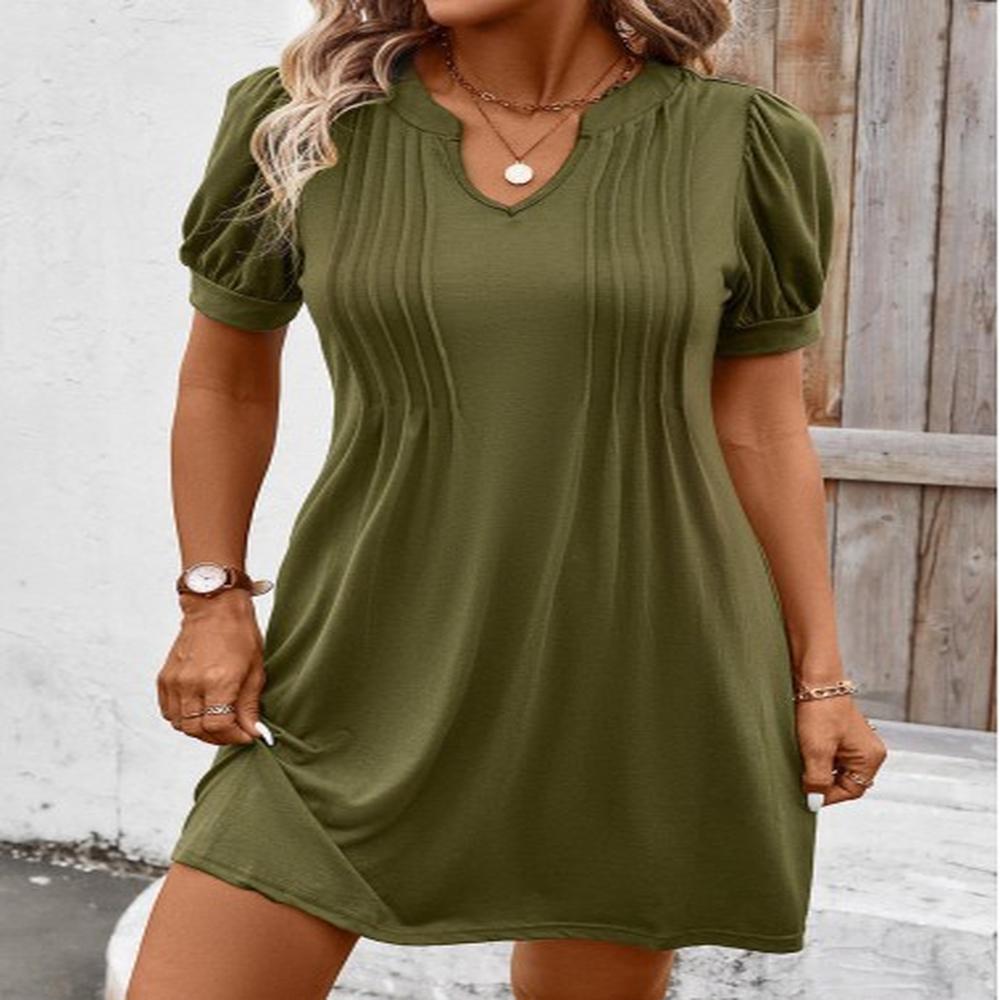 modlily olive green tuck stitch short split neck dress