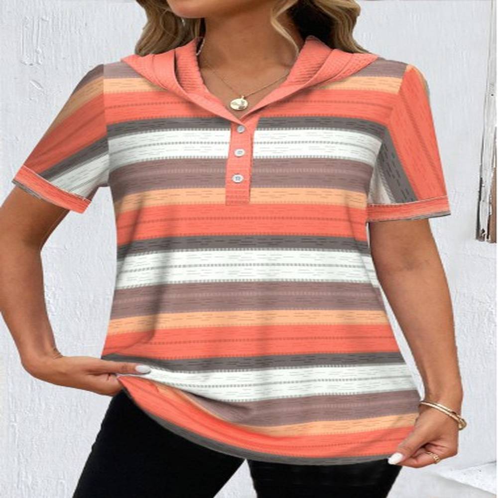 modlily orange button striped short sleeve hooded t shirt