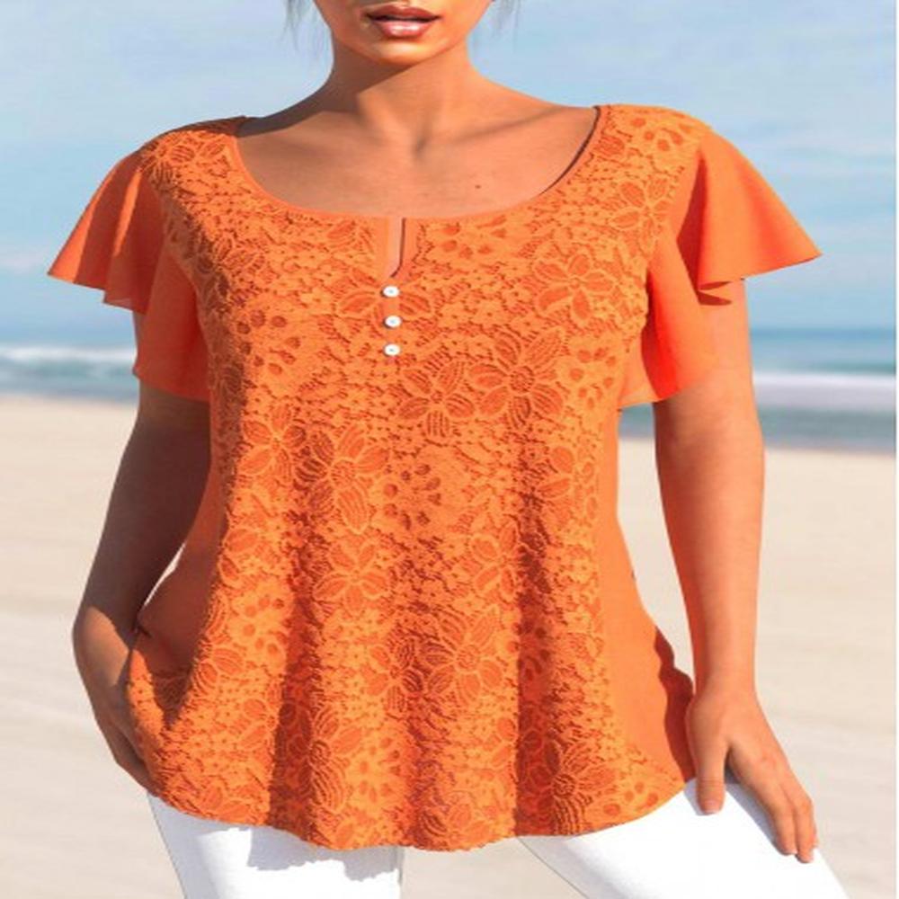 modlily orange lace short sleeve split neck t shirt