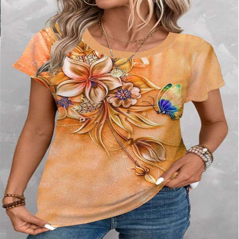 modlily orange patchwork floral print short sleeve t shirt