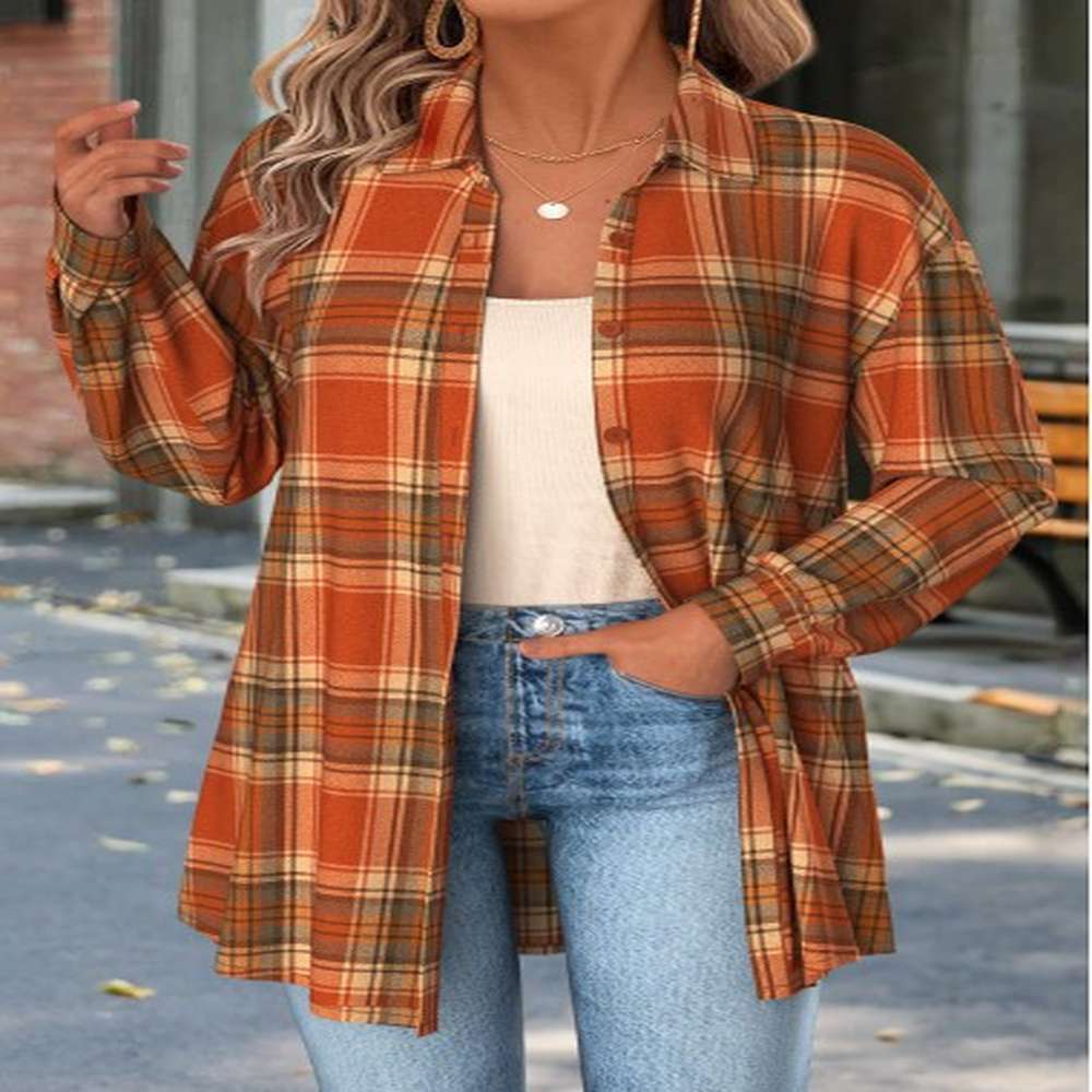 modlily orange tummy coverage plaid long sleeve shirt s