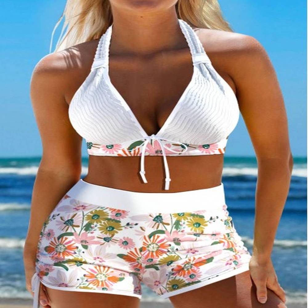 modlily patchwork floral print white bikini set l