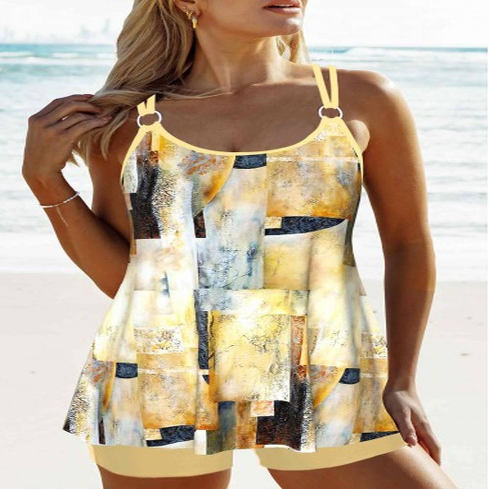 modlily patchwork geometric print light yellow tankini set xl