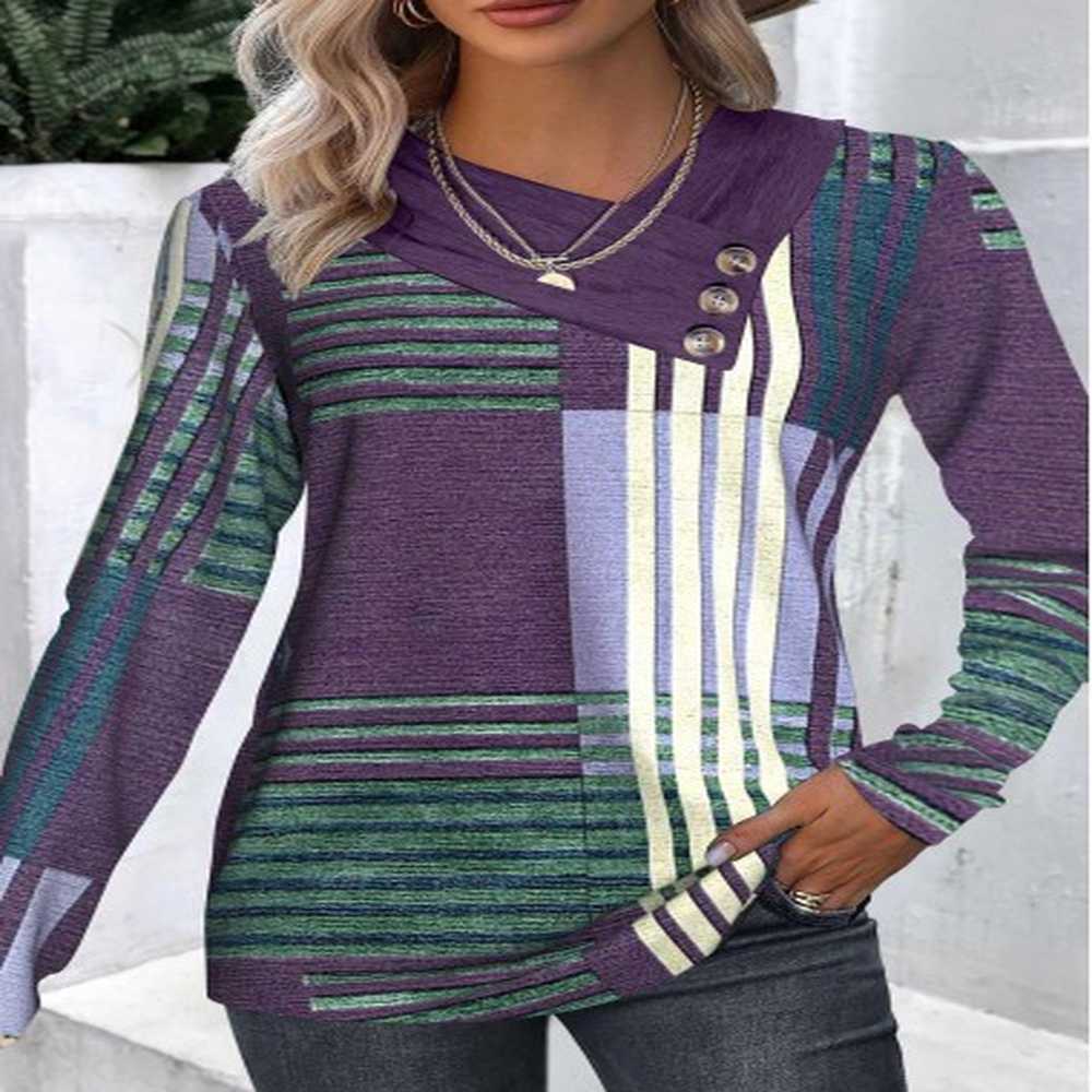 modlily patchwork geometric print long sleeve asymmetrical neck t shirt