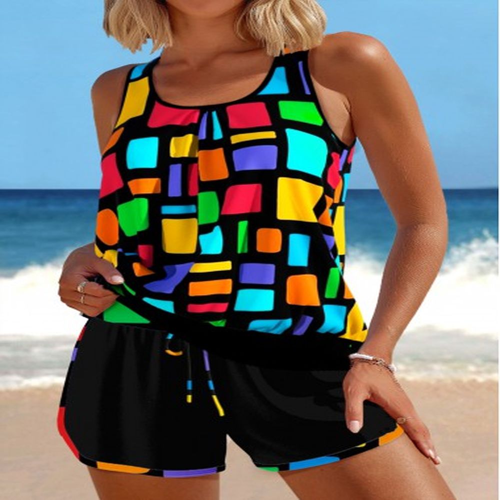 modlily patchwork geometric print multi color tankini set l