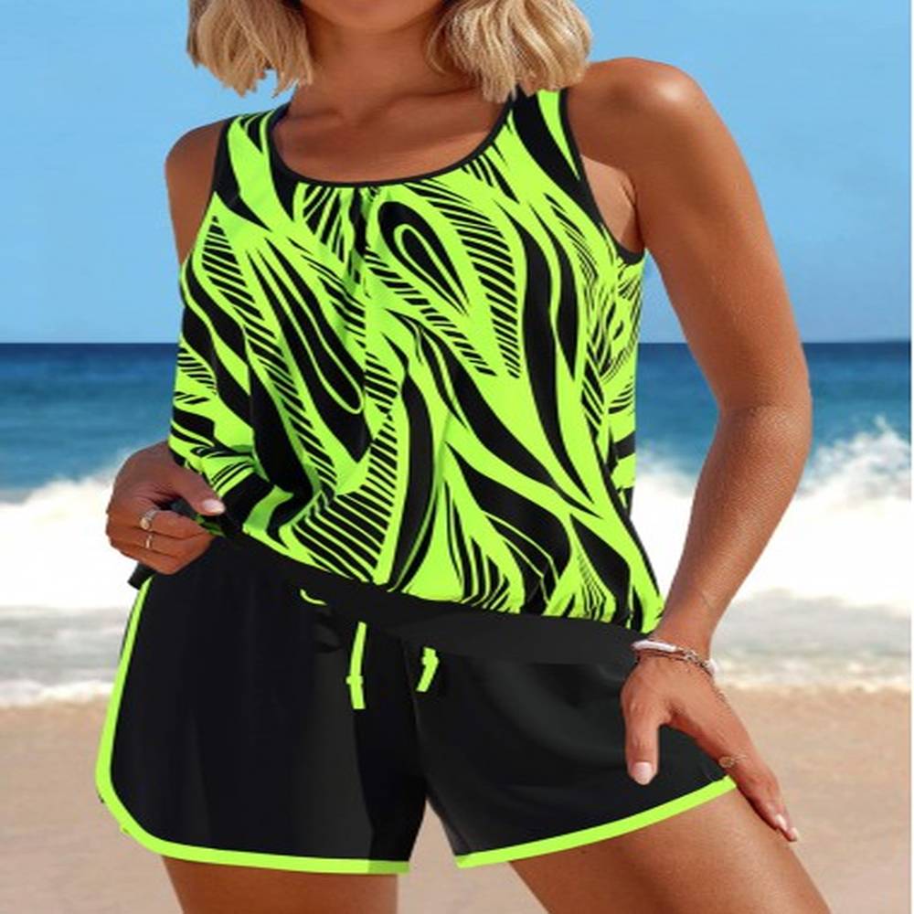 modlily patchwork geometric print neon green tankini set xxl