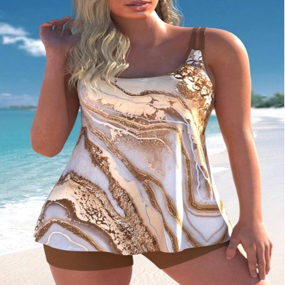 modlily patchwork marble print light coffee tankini set l