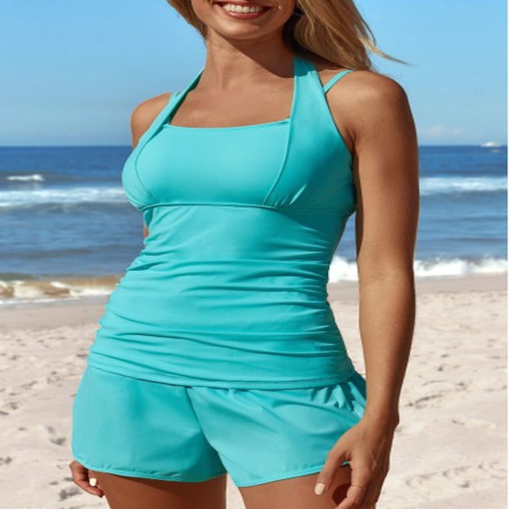 modlily patchwork mid waisted cyan tankini set xxl