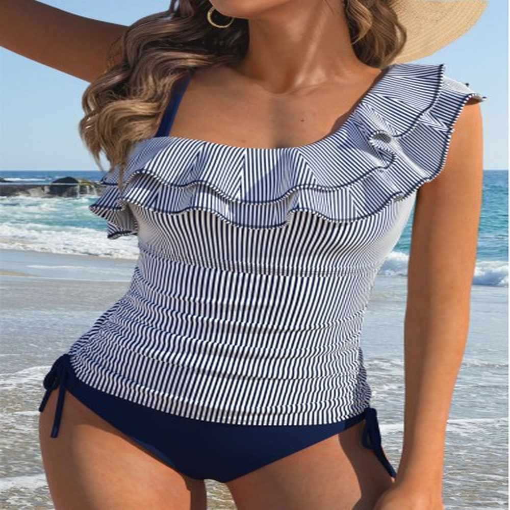 modlily patchwork mid waisted striped navy tankini set s