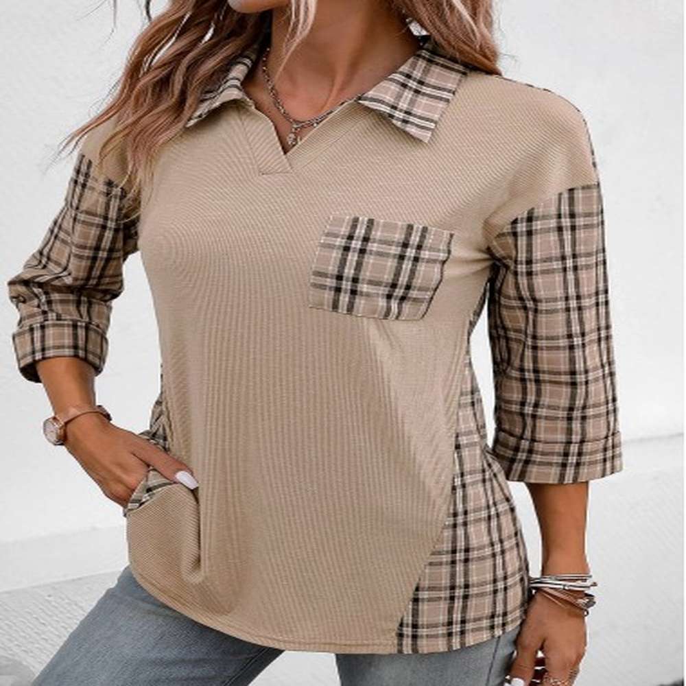 modlily patchwork plaid three quarter length sleeve blouse s