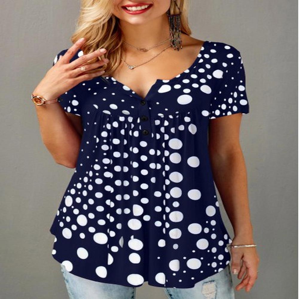 modlily patchwork polka dot short sleeve split neck blouse