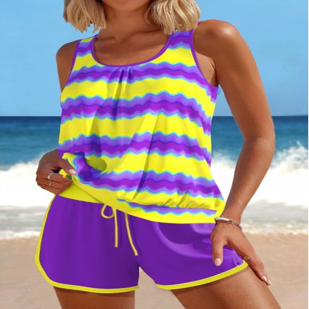modlily patchwork wave pattern print purple tankini set xl