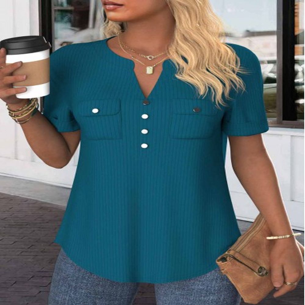 modlily peacock blue button short sleeve split neck blouse