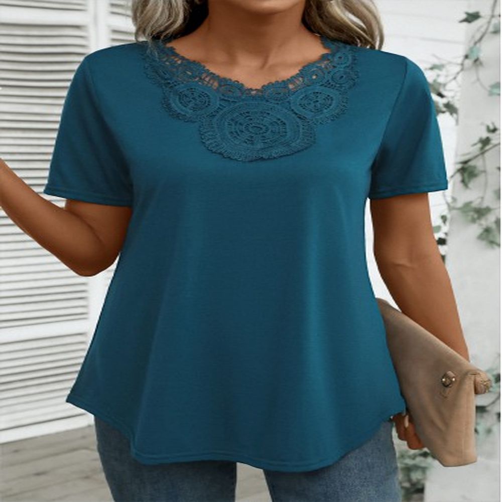 modlily peacock blue embroidery short sleeve v neck t shirt
