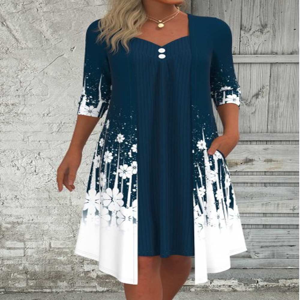 modlily peacock blue fake in floral print a line dress